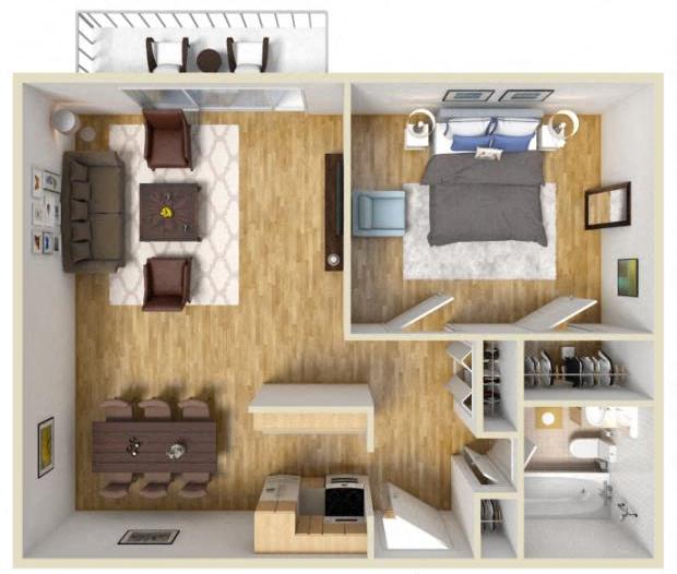 Floor plan for 1 bed, 1 bath, 700 sqft